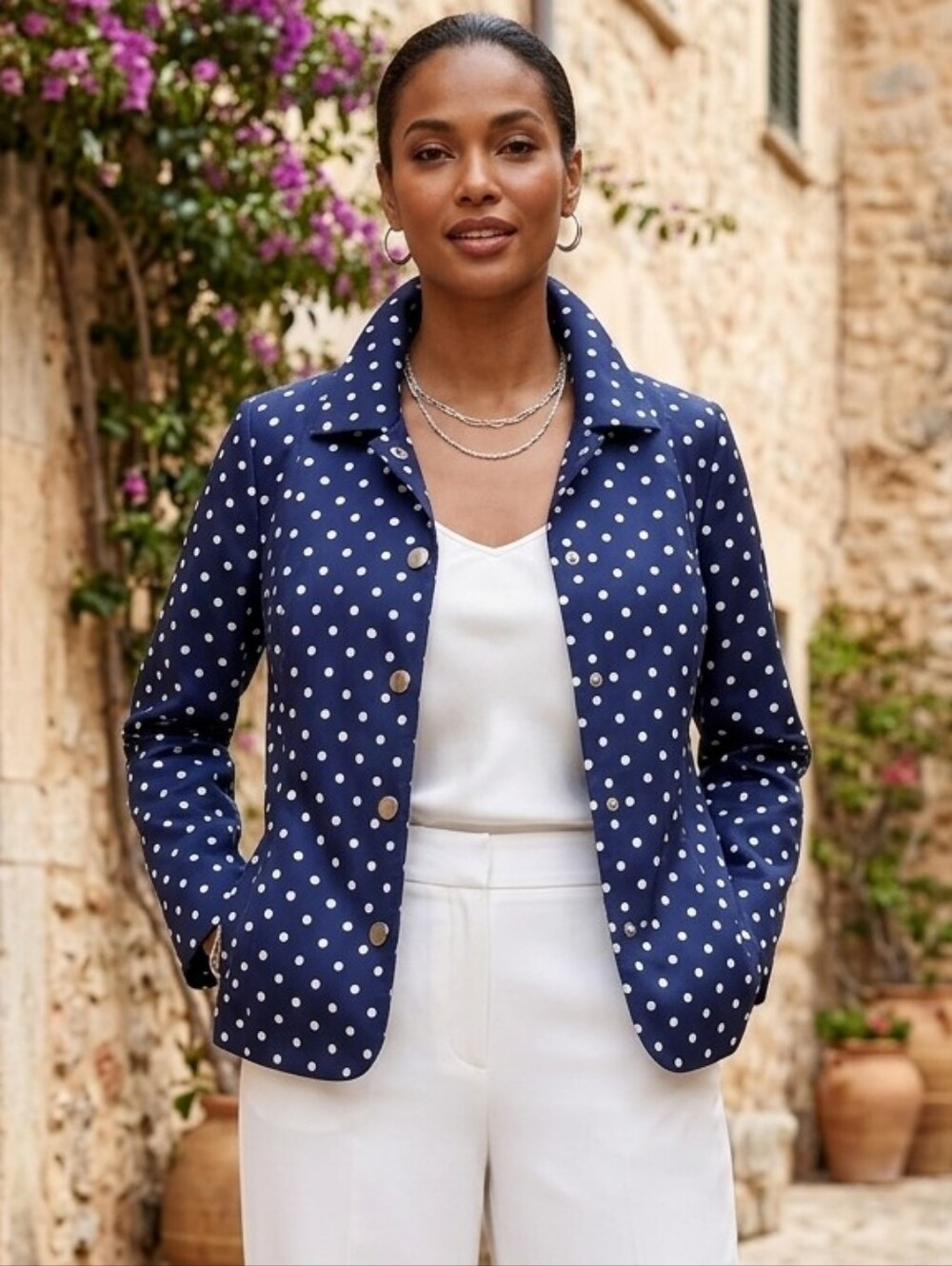 Chico's Sz 1 Windbreaker Rain Jacket Women's Navy Polka Dot Snap Front